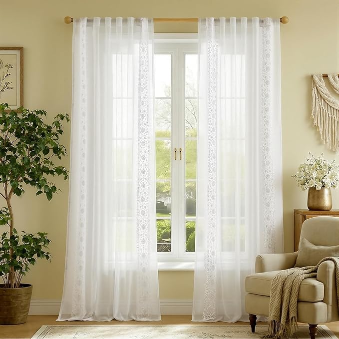 jinchan Weslie Floral White Sheer Curtains for Living Room 96 Inch Long Embroidered Voile Farmhouse Linen Curtains for Bedroom Bordered Flower Patterned Cottage Core Window Drapes 2 Panels Off White