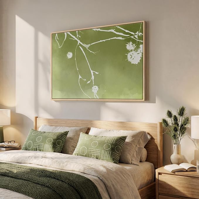 Framed Green Abstract Botanical Wall Art, Modern Minimalist Sage Green Canvas Prints Paintings for Walls, Rustic White Branch Pictures Wall Decor for Living Room Bedroom Dinning Room Office, 24x36 In