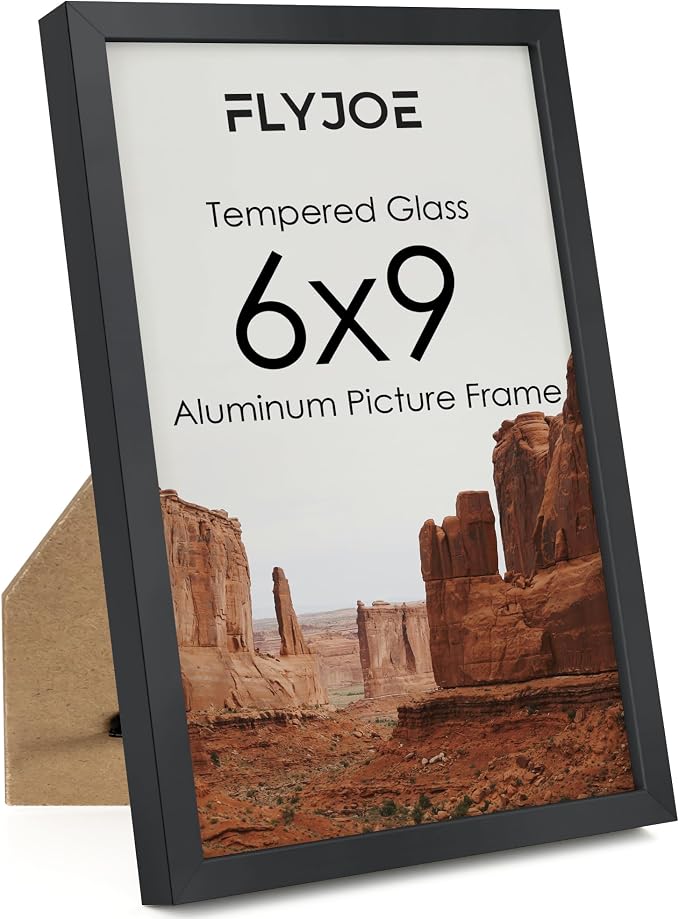 FLYJOE 6x9 Metal Picture Frame - Black Aluminum Picture Frames with Real Glass, Wall Mounting Horizontally or Vertically, Simple and Elegant Decor for Wall Gallery Poster Photo 9x6 Frames, Black