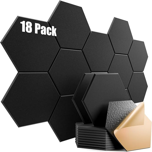 18 Pack Self-Adhesive Acoustic Panels 12" X 10" X 0.4" - Sound Proof Foam Panels for Wall with High Density, Hexagon Design, Flame Resistant, Absorb Noise and Eliminate Echoes(Black)