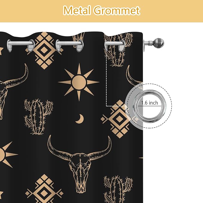 Western Cow Skull Curtains, Black Gold West Aztec Blackout Curtains Room Darkening Grommets Western Drapes, Window Curtains for Living Room Bedroom Decor 2 Panels 52x84 Inch