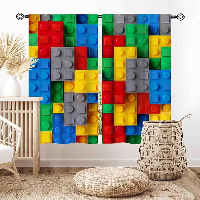 Building Blocks Blackout Curtains, Kids Boys Abstract Colorful Geometric Brick Constructor Curtains Bedroom Playroom Living Room Abstract Window Treatments Drapery 2 Panel, 55"x63" Inch