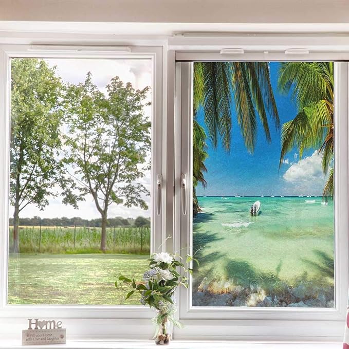 Tropical Window Film, Palm Paradise Privacy Static Cling, Seascape & Botanical Design, UV Blocking Removable Cover for Home Office Bathroom, Fern Green 90x200cm/35.4x78.7in