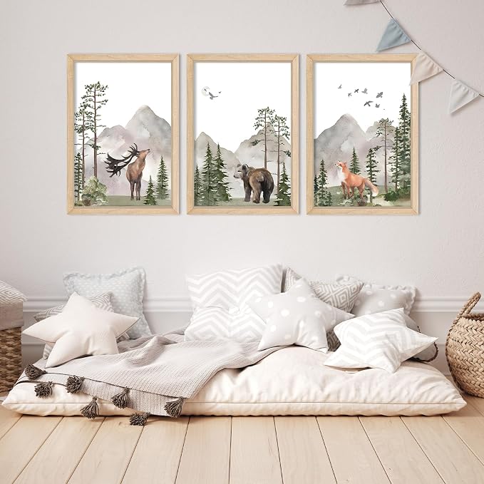 Woodland Nursery Animal Wall Art 16x24 3pc, Deer Bear Fox Boys Room Decor | Rustic Wood Framed Forest Mountain Watercolor Prints Set of 3, Toddler Boys, Kids Bedroom, Playroom & Nursery Nature Decor