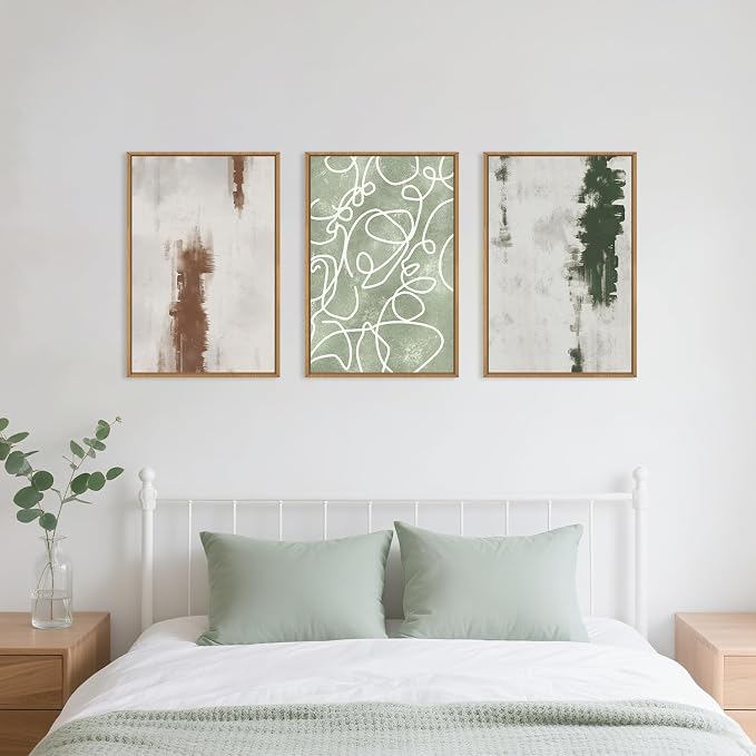 Large Abstract Green Brown Geometric Framed Canvas Wall Art Set,Minimalist Neutral Brush Stroke Wall Decor,Modern Watercolor White Curved Lines Artwork for Living Room,Bedroom,Office-16 x24 x3