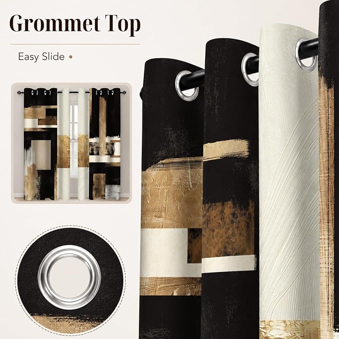 Boho Black Gold Abstract Blackout Curtains, Modern Oil Aesthetic Neutral Contemporary Beige Darkening Thermal Insulated Grommet Light Blocking Drape Decor, 52 x 96 Inch Long 2 Panels
