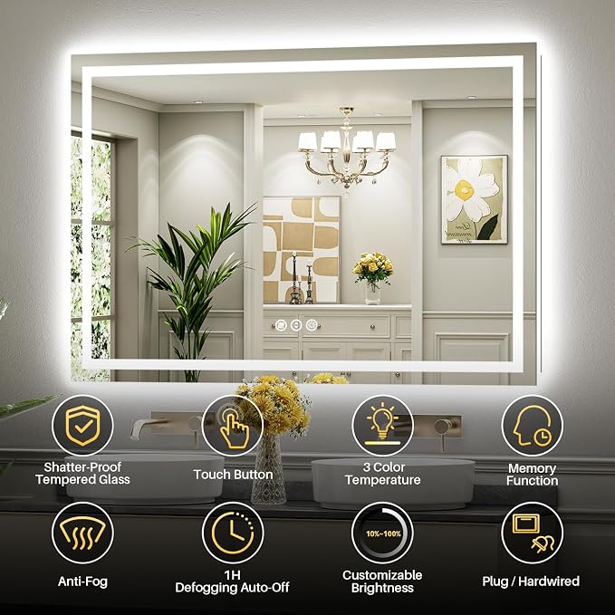 Briivue 50x36 Inch LED Bathroom Mirror with Lights, Backlit & Front Lit, Anti-Fog Lighted Bathroom Vanity Mirror for Wall, Memory Function, Dimmable, HD Tempered Glass, Shatter-Proof