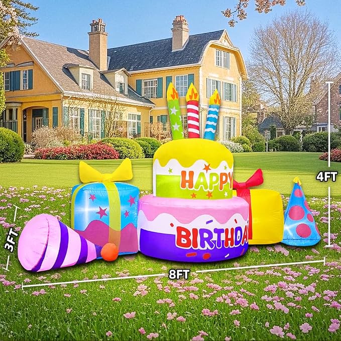 8FT Inflatable Happy Birthday Cake Decoration with Candles Blow up Outdoor Yard Decorations, Built-in LED Lights for Holiday Party Garden Lawn Indoor Home Celebration