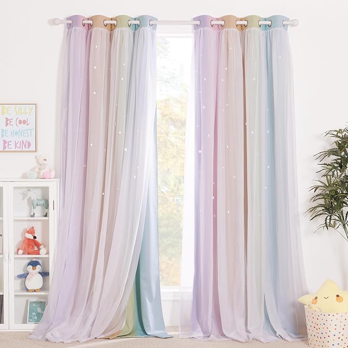 NICETOWN Star Curtains for Girls Bedroom - Double Layer Sheer Overlay for Kids Room Decor Princess Star Hollow Out Rainbow Curtains for Nursery Living Room, 52" W x 90" L, 2 Pieces