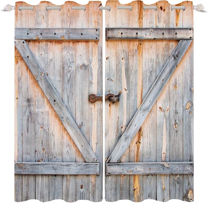 Closed Wooden Door Window Curtains Rustic Vintage Barn Door Kitchen Curtains Countryside Farmhouse Old Wood Planks Light Blocking Bedroom Drapery Treatments with Grommets,53x72 inch,2 Panels