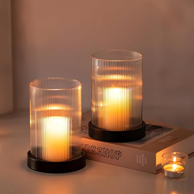 Glasseam Glass Hurricane Candle Holder: Black Pillar Candle Holders Set of 2 Ribbed Clear Glass Cover with Metal Candle Tray Modern Candle Holders for Table Centerpiece Living Room Fireplace Decor