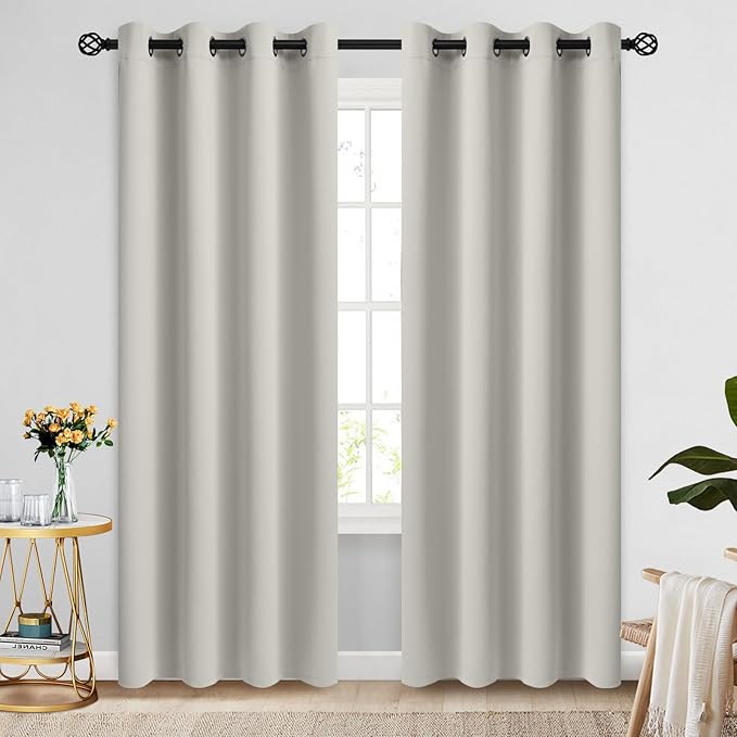 COSVIYA Grommet Blackout Room Darkening Cream Beige Curtains 90 inch Long, Thick Polyester Light Blocking Insulated Thermal Window Curtain Drapes for Bedroom/Living Room,2 Panels,52x90 inches