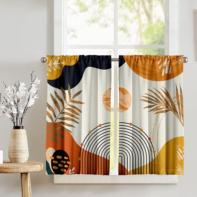 Orange Boho Curtains 39 Inch Mid Century Cafe Drapes for Small Windows Abstract Leaves Rainbow Colorful Modern Geometric Window Curtains for Kitchen Living Room Bathroom Laundry 2 Panels