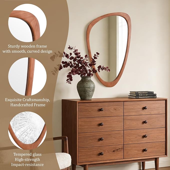 WallBeyond Asymmetrical Mirror, Irregular Wall Mirror, Wall Mirrors Decorative for Bedroom Living Room Entryway Hall, Wood Mirror for mid Century Modern Decor 30" H x 19" W