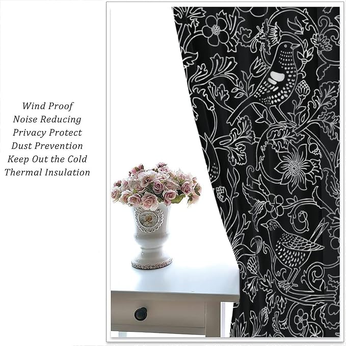 Bohemia William Morris Art Blackout Window Curtains, Vintage Flowers and Birds Dark Magic Forest Background, for Living Room Bedroom 31.5(W)*72(L) 2 Panels