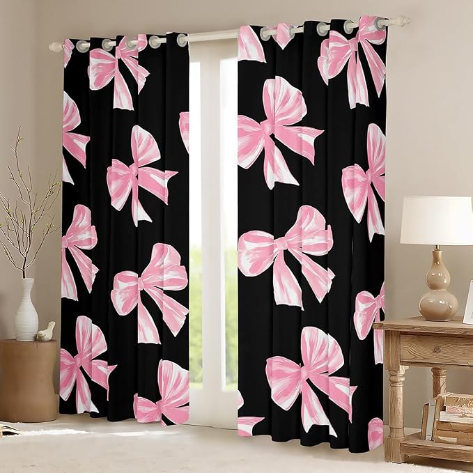 Erosebridal Pink Bow Window Curtain Kawaii Girly Bowknot 52"Wx84"L Curtain For Girls,Dreamy Princess Bow Tie Window Treatments For Kids Teen Women Bedroom Decor,Watercolor Bow Black Curtains & Drapes