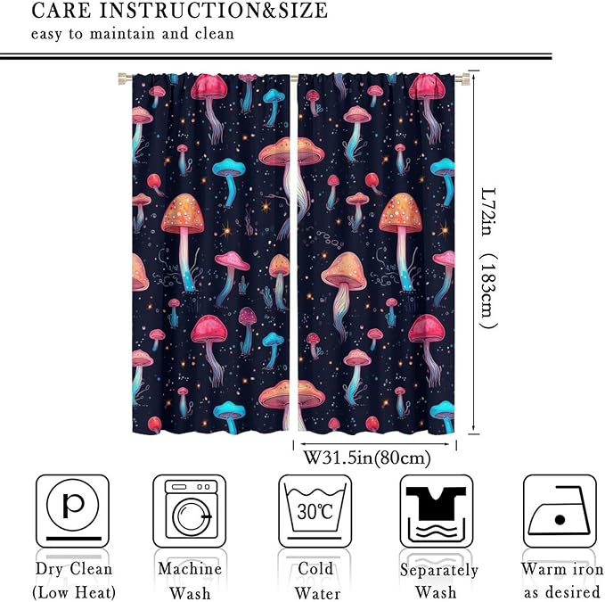 Fantasy Mushroom Curtains,Colorful Plant Print Window Treatments for Bedroom Living Room Kitchen Cartoon Herbs Floral Polyester Fabric Window Drapes 2 Panels Set,Total Size 63 x 72 Inch