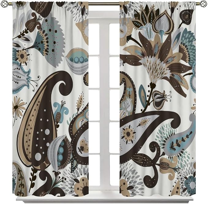 Paisley Floral Blackout Curtains, Bohemian-Style Vintage Brown Printed Window Treatments, for Bedrooms and Living Rooms42X45 Inch