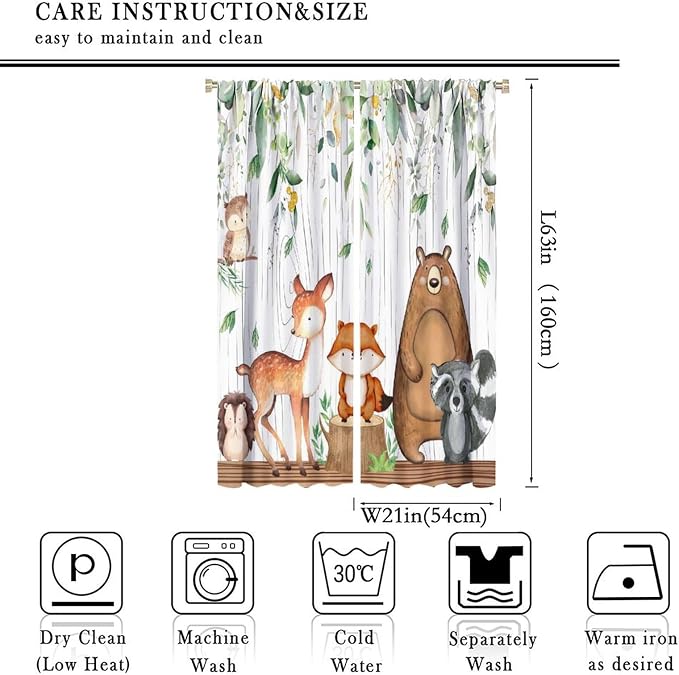YCness Forest Animal Curtains, Watercolor Wild Animal Bear Fox Deer Kids Window Treatments for Living Room Bedroom,Green Woodland Tree Kids Drapes 2 Panel Sets,42x63 Inch