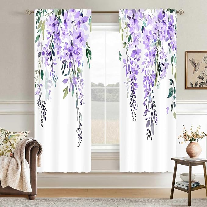 Purple Watercolor Floral Curtains, Botanical Leaves Vine Flowers Curtain, Rustic Farmhouse Flower Leaf Blackout Window Treatment Drapes for Bedroom Living Room 52x72 inch, 2 Panels