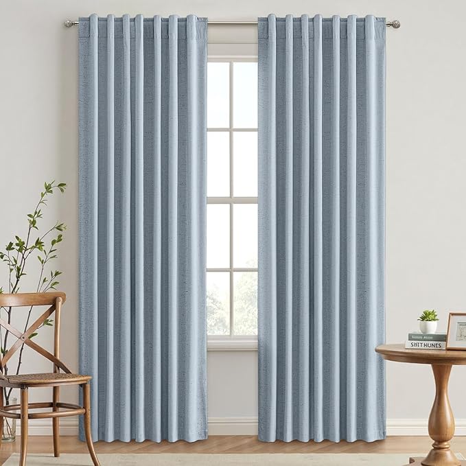 EMEMA Chambray Blue Linen Blackout Curtains 84 inch Long 2 Panels Set for Bedroom Back Tab Thermal Insulated 100% Black Out Drapes Pinch Pleated Hooks Room Darkening Window Curtain for Living Room