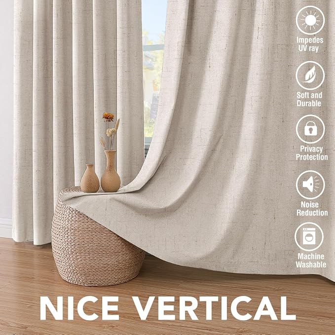 H.VERSAILTEX Blackout Curtains Linen Curtains 120 inches Long 100% Black Out Curtains for Bedroom Windows, Textured Linen Look Draperies Grommet with White Liner, 2 Panels, Natural