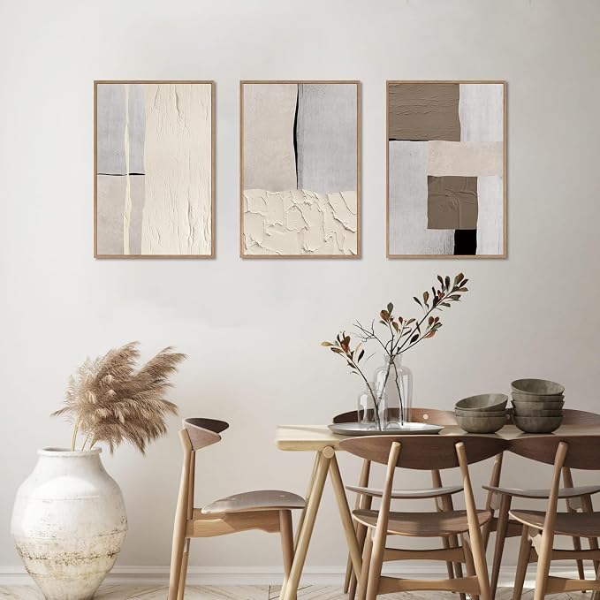 LHIUEM Large Abstract Neutral Framed Canvas Wall Art Set,Mid Century Beige Textured Wall Decor,Brown Gray Block Art Painting for Living Room,Bedroom,Dining Room,Office -24"x36"x3