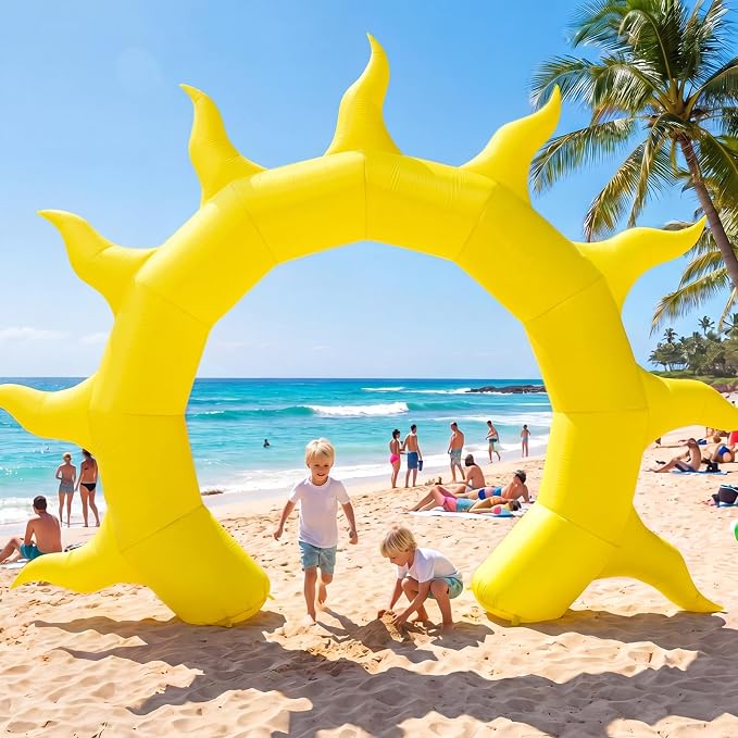 Seenelling 12 FT Summer Sun Inflatable Archway with LED Lights, Giant Sunshine Blow Up Arch Decoration for Baby Shower, Birthday, Beach Pool Party and Outdoor Yard Lawn Decor