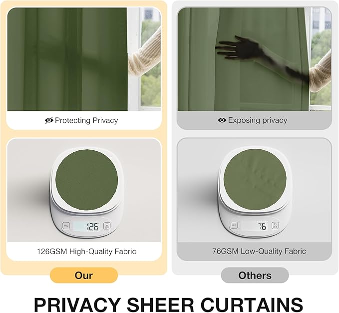 Anmao Non-See-Through Olive Green Privacy Semi Sheer Curtains for Living Room 108 Inch Length 2 Panels Set, Light Filtering That Let Light in Rod Pocket Window Drapes for Bedroom, 52Wx108L, Dark Green