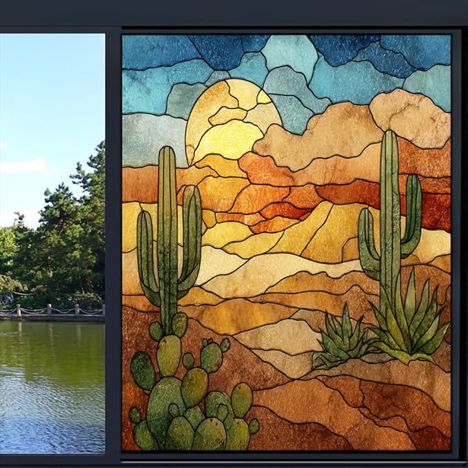 Sunset Desert Landscape Frosted Window Film, Retro Cactus Plant Texture Stained Glass Privacy Film, Heat Insulation Self-Adhesive Vinyl for Bathroom Office, 21.6Wx31.5L inch