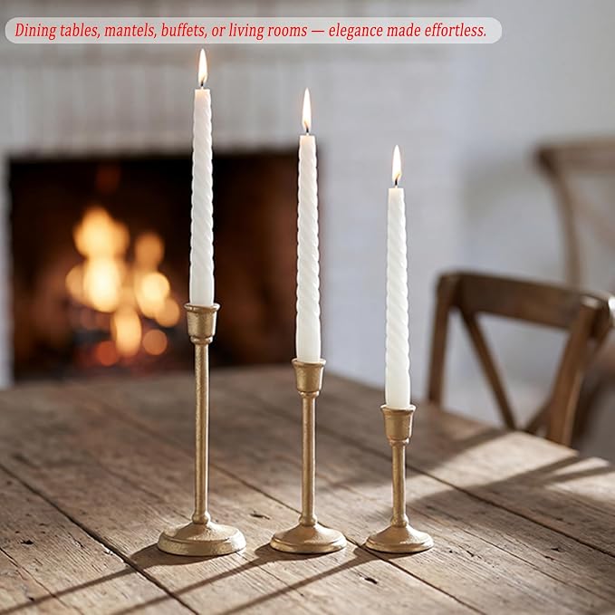 Gold Taper Candle Holders Set of 3, Antique Brass Finish | Heavy Cast Iron Candlesticks, Sturdy Candle Sticks for Dining Table, Wedding, Fireplace, Home Decor