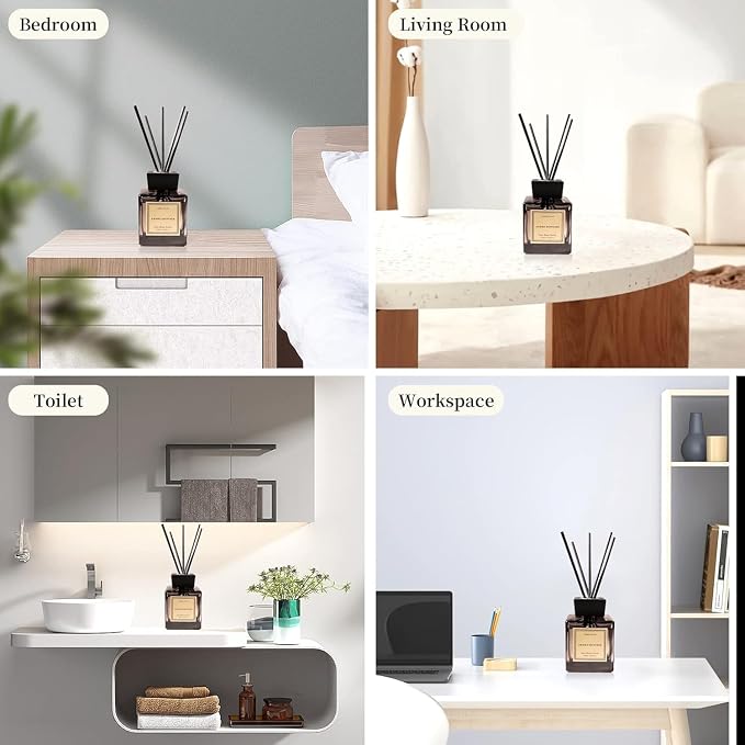 XEPTLE Sandalwood Reed Diffuser, Air Freshener, Fragrance Oil Diffuser with 5 Reeds, Eliminate Odors, Scented Diffuser Set for Bathroom,Bedroom,Office,Home,Yoga, 7.04 oz, Black