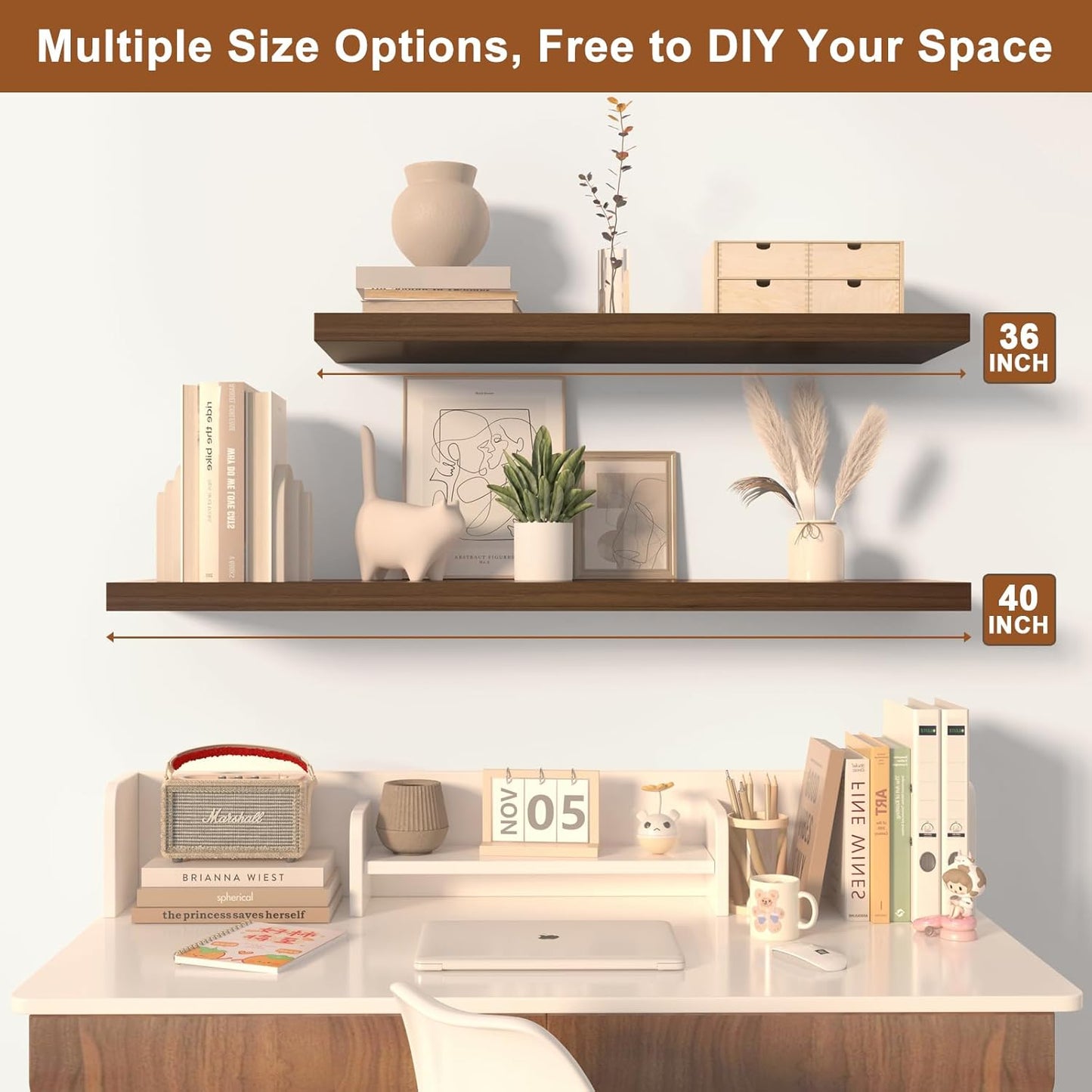 12 Inch Deep Floating Shelves for Wall 2 Pack Floating Shelves Large Storage Space Wall Mount Shelf for Living Room Kitchen Bathroom 24" W x 12" D x 1.2" H Walnut