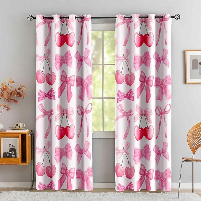 LUVIVIHOME Cute Cherry Blackout Curtains, Pink Bow Curtains for Girls Bedroom Living Room, Aesthetic Bowknot Girly Preppy Coquette Room Decor, Grommet Window Drapes 2 Panel Sets, 42x84 Inch