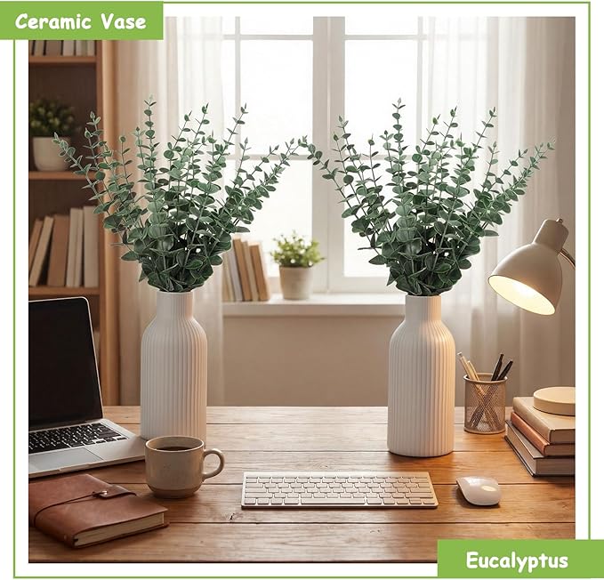 LemonRoad 2 Pack Artificial Eucalyptus Stem in Ceramic Vase 19" Fake Greenery Plants for Home Decor 40 Pcs Modern Indoor Fake Eucalyptus Stem for Table Centerpiece Living Room Bathroom