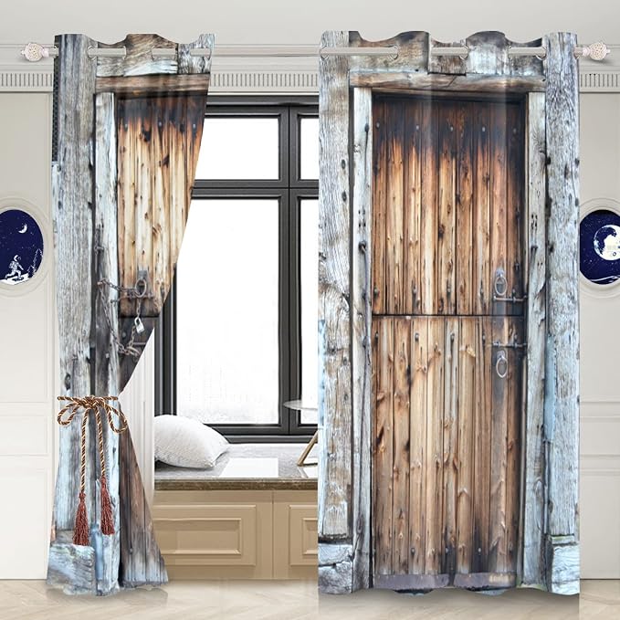 Rustic Barn Door Window Curtains Vintage Dilapidated Wooden Door Window Curtains Window Drapes for Living Room Bedroom Rural Farmhouse Farm Kitchen Window Treatment,42x63 inch,2 Panels