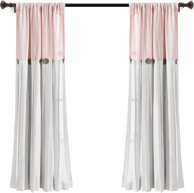 Lush Decor Linen Button Window Curtain Panel, Single, 40" W x 63" L, Blush & Off White - Country Curtains - Rustic Decor - Color Block Modern Farmhouse Curtains For Living Room, Bedroom & Dining Room