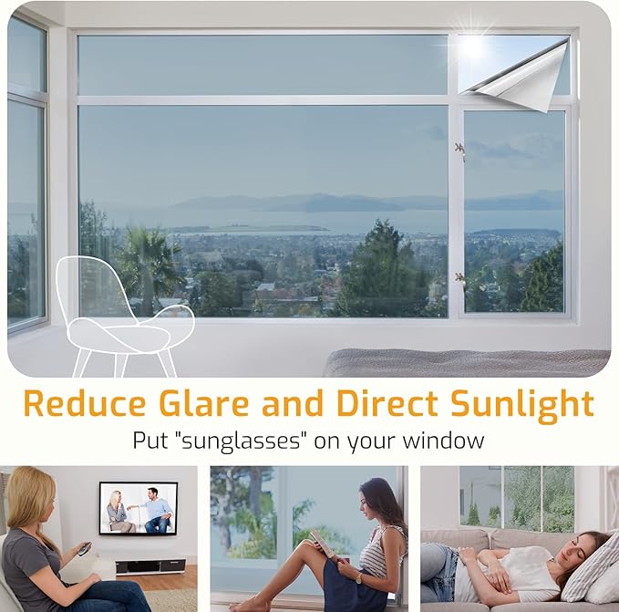 LUTE One Way Window Privacy Film, Window Tint for Home, Sun Blocking UV Heat Blocker, See Out Not in Reflective Mirror Film, Removable Static Cling Glass Door Coverings, Silver, 35.4" x 78.7"