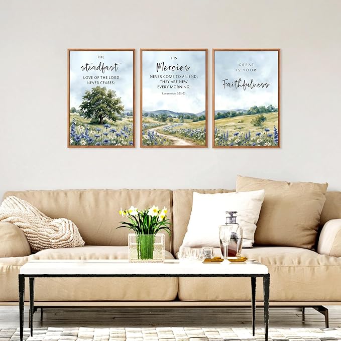 CHDITB Christian Wildflower Framed Canvas Wall Art Set, Country Landscape Scripture Wall Decor, Bible Verse Spiritual Painting, Rustic Faith Art Prints for Living Room, Bedroom, Office 16"x24"x3