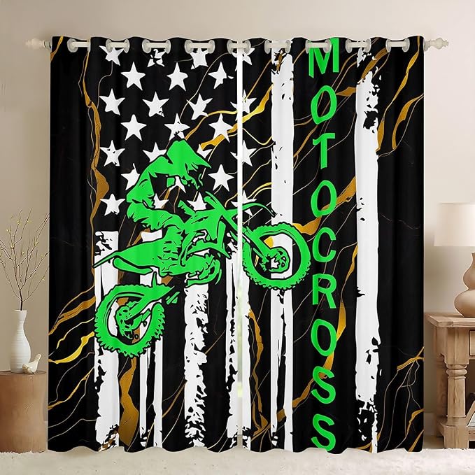 Dirt Bike Blackout Curtains For Boys, American Flag Window Curtains, Motocross Rider Motorbike Sport Curtains For Kids Teens Adult Men, United States Stripe Flag Curtains & Drapes 2 Panels,52"Wx63"L