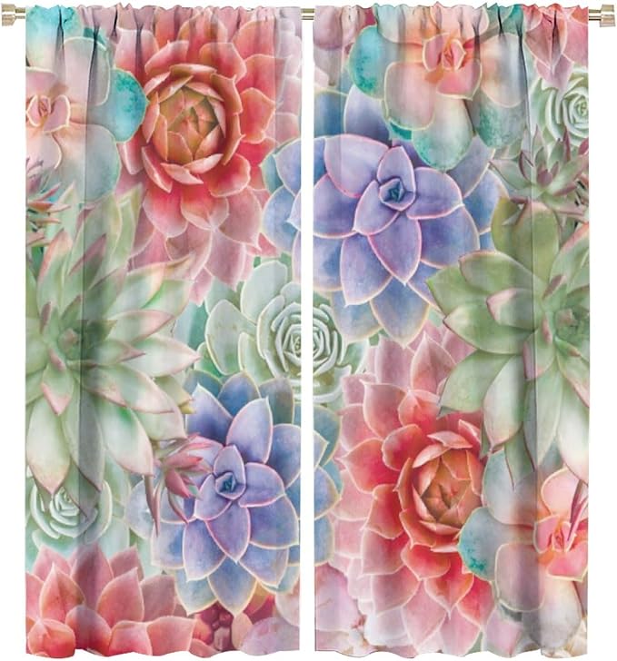 Boho Cactus Floral Curtain Tropical Colorful Succulent Plants Beautiful Flower Retro for Home Kitchen Livingroom Coffee Room Curtains Drapes 2 Panels 55x63in