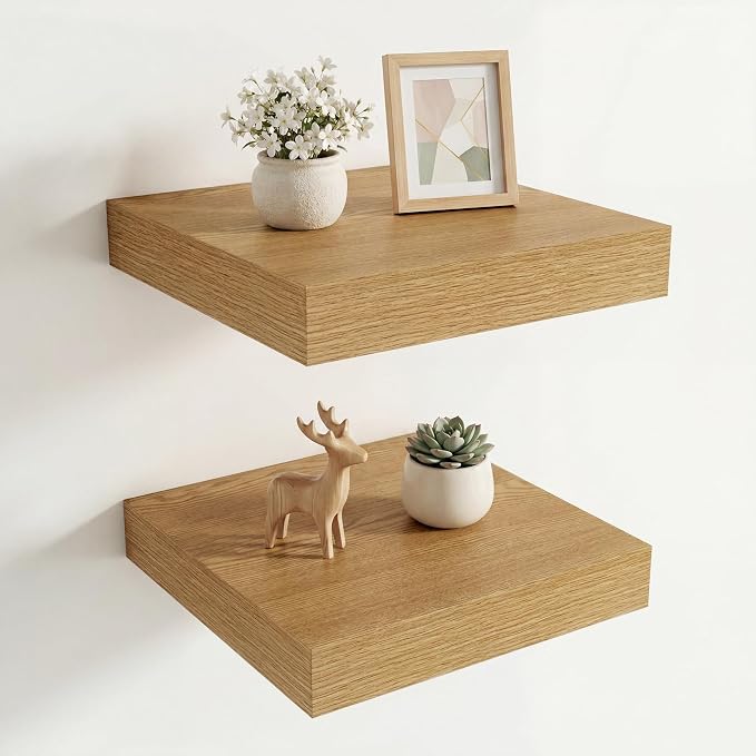 Vivelove 12 Inch Deep Floating Shelves 12 inch Long, 2 Inch Thick Wall Shelves with Invisible Brackets, Shelf for Bedroom Bathroom Living Room Kitchen Office Home Decor, Modern Shelf Set of 2, Oak