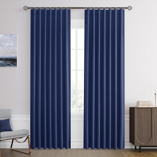 Joywell 100% Blackout Linen Curtains 84 Inch Long for Bedroom Window Black Out Curtain Back Tab Hook Belt Thermal Insulated Drapes for Living Room with Hooks 2 Panels,52 x 84,Classic Blue