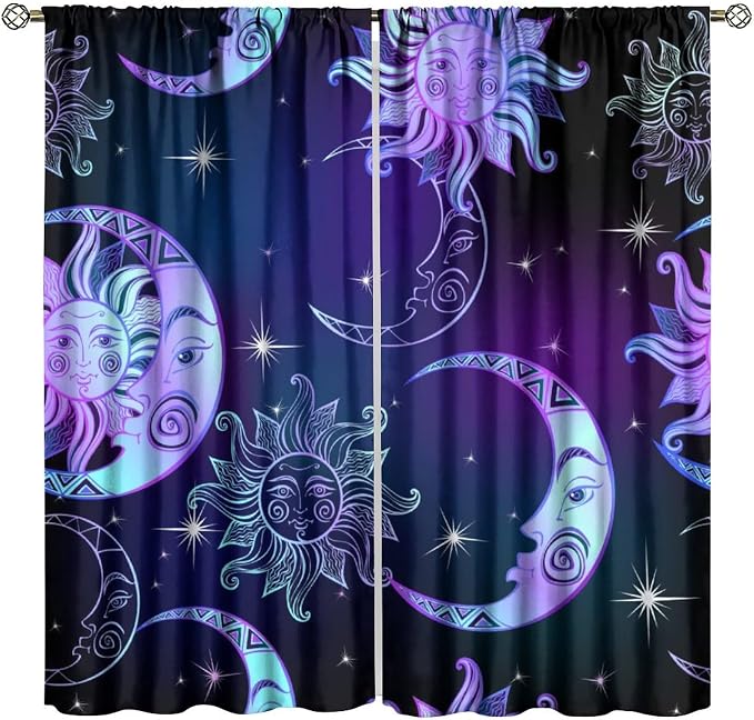 Fantasy Sun Moon Blackout Curtains, Boho Purple Black Stars Galaxy Rod Pocket Window Treatment Drapes for Bedroom Living Room 63" W X 72" L