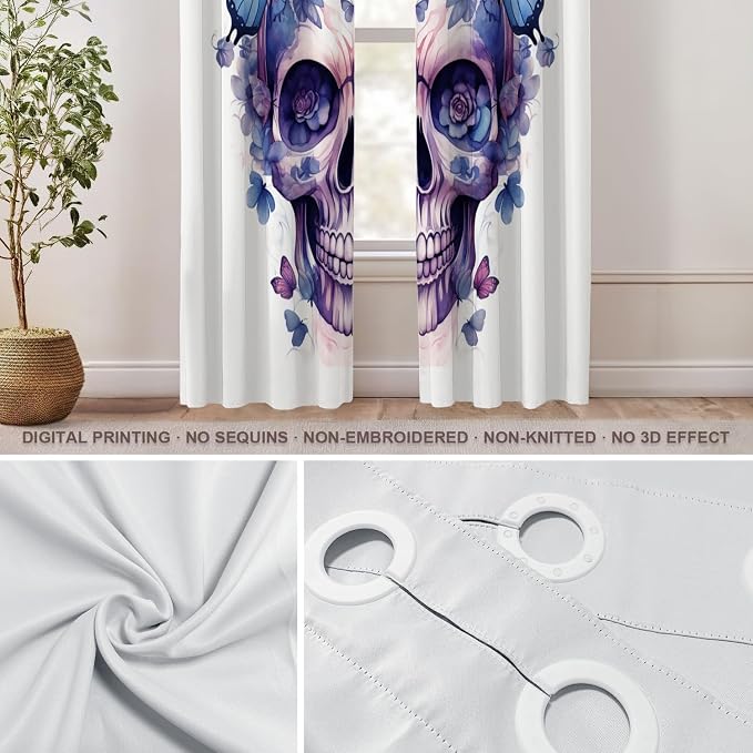 Shrahala Halloween Watercolor Skull Thermal Insulated Blackout Window Curtains, Purple Blue Gothic Butterflies Flowers Long Drapes for Bedroom/Living Room with Plastic Grommet, 52X84 Set of 2