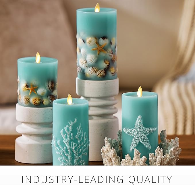 Luminara Flameless LED Candle Soft Teal Embedded Seashell & Starfish Moving Flame Pillar Unscented Real Wax with Recessed Edge, Timer (6.5-inch)