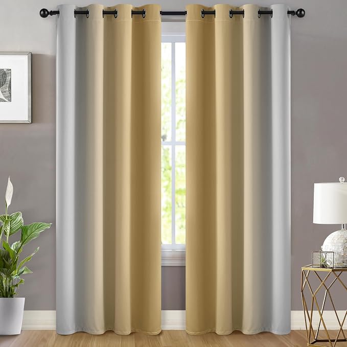 Yakamok Ombre Curtains Beige and Greyish White for Living Room,52Wx84L | Room Darkening Curtains 84,Thermal Insulated Gradient Color Drape,Light Blocking Grommet Window Curtains for Bedroom,2 Panels
