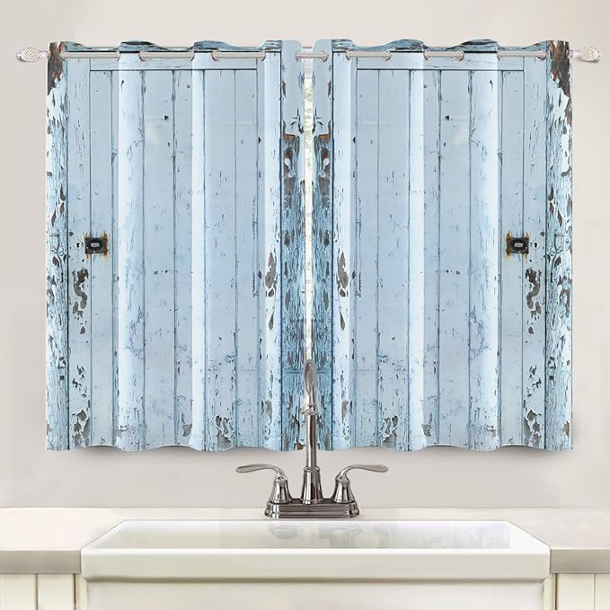 Wooden Barn Door Window Curtains Vintage Blackout Kitchen Curtains Rustic Country Farmhouse Garage Decor Light Blue Wood Planks Print Window Drapes for Living Room Bedroom,42x63 inch,2 Panels
