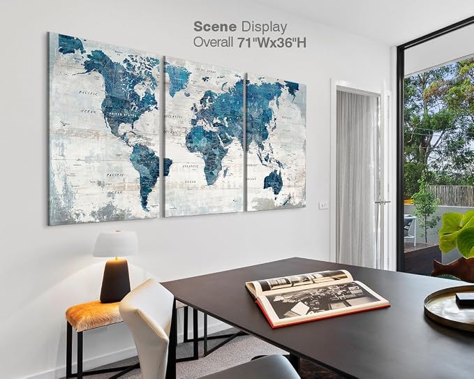 Large World Map Canvas Wall Art for Home Office Living Room Decor | Framed Artwork Oversized Blue Global Maps Pictures Inspirational Wall Decor for Apartment Masculine House