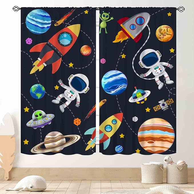 Kids Space Curtains for Boys Room, Cartoon Universe Galaxy Space Planet Astronaut Anime Boys Kids Girls Window Drapery Treatments for Bedroom Living Room Nursery 2 Panels, 84"x84" Inch